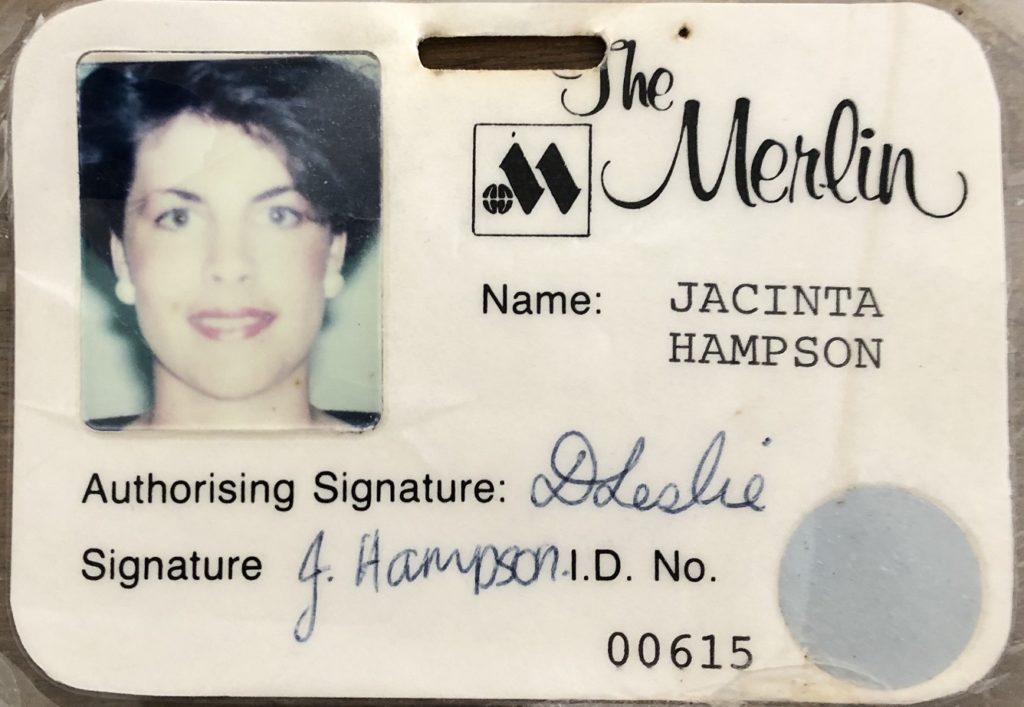 Jacinta's Merlin Hotel ID badge from 1988